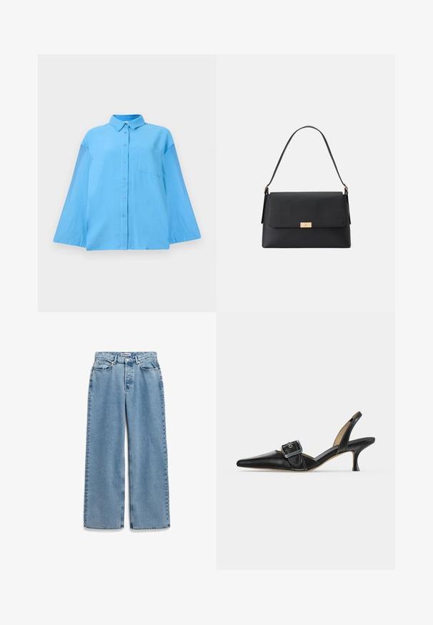 Chemise boutonnée à manches longues bleu clair avec un col et une poche poitrine unique, présentée sur un fond blanc uni.; Jean en denim bleu clair avec coupe à jambes larges, fermeture devant par bouton et zip, style cinq poches.; Chaussure slingback noire à bout pointu avec un petit talon kitten et une grande sangle décorative à boucle sur le devant.; Sac à main noir en matériau texturé avec une forme structurée. Présente une fermeture à rabat, un accent en métal doré et une poignée unique.