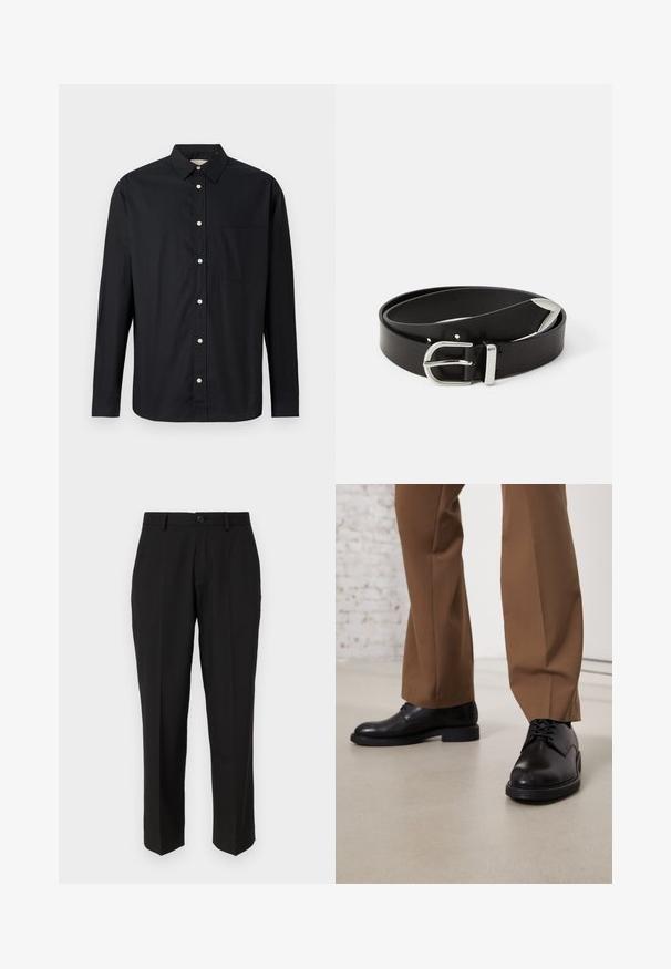 Chemise noire à manches longues, boutonnée, avec col et poche poitrine, présentée sur un fond clair.; Pantalon noir en tissu lisse, présentant une coupe droite, des poches avant, un bouton simple de fermeture et sans motifs visibles.; Chaussures en cuir noir avec une surface lisse et un bout arrondi, dotées d'un système de laçage et d'une semelle plate et basse. Associées à un pantalon marron.; Ceinture en cuir noir avec une boucle en métal argenté, présentant un design classique et une texture lisse. Comprend des trous pour un ajustement flexible.