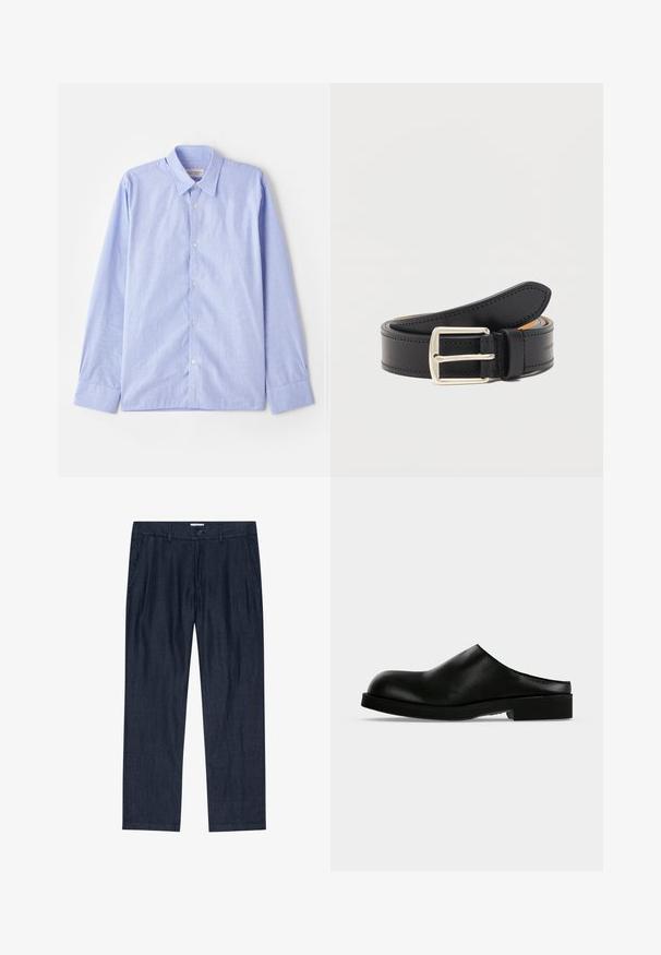 OFFICINE GENERALE SOFT - Overhemd - light blue; Donkerblauwe, recht gesneden broek met steekzakken aan de voorkant, lussen voor een riem en knoopsluiting in de taille.; Zwarte leren slip-on muil met afgeronde neus en lage blokhak op een effen lichte achtergrond.; Zwarte leren riem met zilverkleurige rechthoekige gesp, opgerold met zichtbare stiksels langs de randen op een effen witte achtergrond.