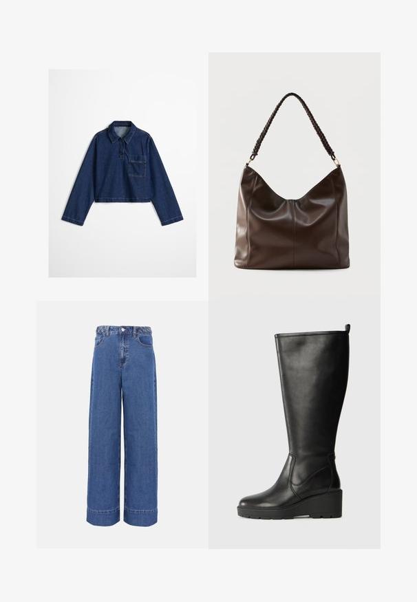 Bijgesneden denimoverhemd in donkerblauwe tint, met een boord met knopen, een borstzak aan de voorkant en lange mouwen met gestikte details langs de naden.; Blauwe denim jeans met wijde pijpen, gevlochten tailleband, knopen aan de voorkant en zakken, weergegeven op een effen achtergrond.; Zwarte leren kniehoge laars met een wigzool, gladde textuur, naadloos ontwerp en een klein aantreklusje bovenaan voor makkelijk aan- en uittrekken.; Donkerbruine leren schoudertas met een gevlochten handvat en zichtbare naden aan de voorkant.