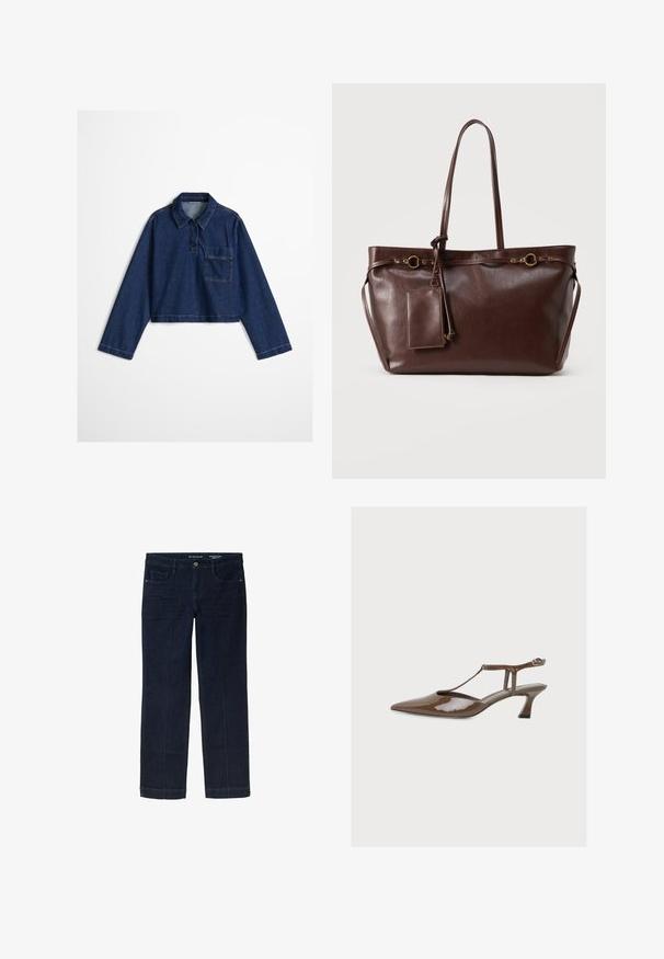 Afkortet denimskjorte i en mørkeblå nuance med knaplukning ved kraven, forlomme og lange ærmer med syning langs sømmene.; Mørkeblå denimjeans med lige ben-design, der har forlommer og kontrasterende gule syninger langs sømmene.; Brun laklæder slingback pumpe med spids tå, T-rem, lille buet hæl og ankelspænde på ensfarvet baggrund.; Mørkebrun lædertaske med to lange håndtag, dekorative guldringe og fastgjort rektangulær pung med lynlås.