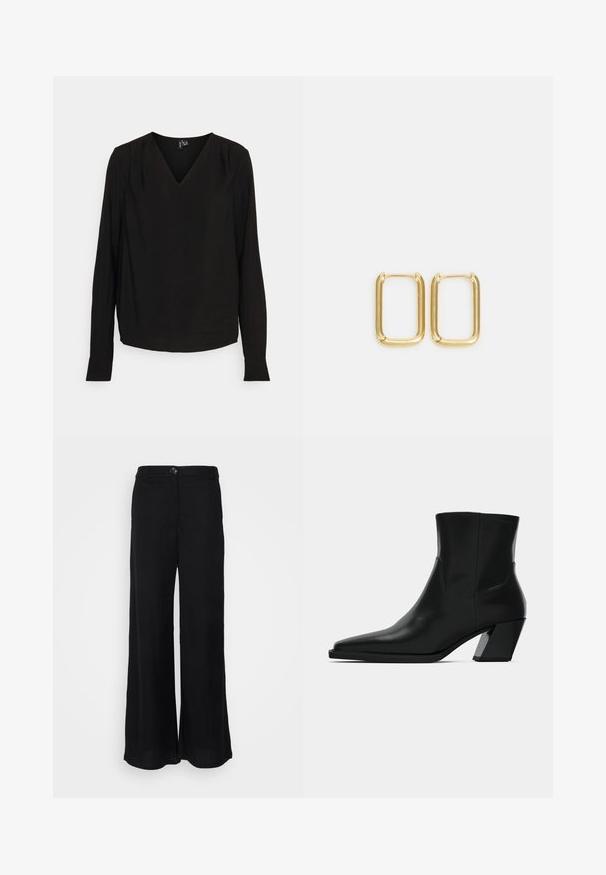 Vero Moda Tall VMLENA - Bluse - black; Sorte bukser med bred ben, lavet af letvægtsstof, der har en glat tekstur, frontknaplukning og sidelommer.; Sortlæder ankelstøvle med spids tå, en slank silhuet og en kraftig firkantet hæl. Glat tekstur med minimale stikninger.; Guldmetalløshængere med firkantet form, glatte kanter og en poleret overflade, der reflekterer lys med en blank finish.