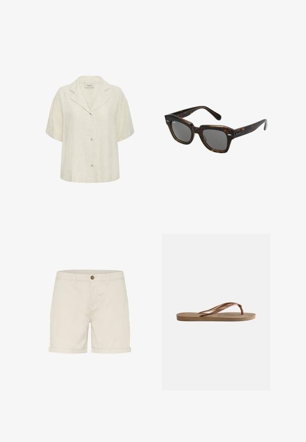 Beiges Kurzarm-Hemd mit Kragen, strukturierter Stoff und drei sichtbaren Knöpfen vorne.; Helle beige Baumwollshorts mit Knopfverschluss, umgeschlagenen Säumen und Seitentaschen. Glatte Textur und maßgeschneiderte Passform für Komfort.; Brauner Gummi-Zehentrenner mit strukturierter Sohle und markanten V-förmigen Riemen auf hellem, einfarbigem Hintergrund.; Rechteckige Sonnenbrille mit einem Schildpatt-Kunststoffrahmen, dunklen Gläsern und silbernen Akzenten an den Seiten. Hergestellt in Italien.