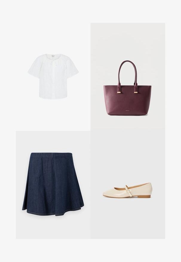 Witte blouse met korte mouwen met oogjesborduursel, ronde halslijn, knopen aan de voorkant en een klein strikje bij de kraag.; Donkerblauwe denim A-lijn rok met zijslitsen en zichtbare stiksels langs de zoom en naden, weergegeven op een effen lichte achtergrond.; Beige laarzen in patentrein met een vierkante neus, een kleine hak en een verstelbare enkelband met een gouden gespaccent.; Donkerpaarse leren shopper met twee handvatten en klein gouden merkembleem aan de voorkant, afgebeeld tegen een effen lichte achtergrond.