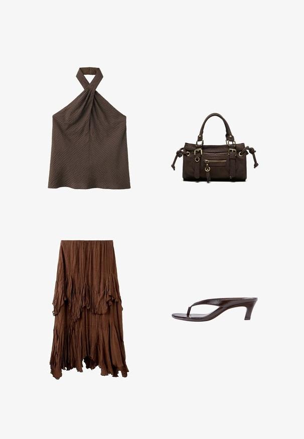 Haut marron texturé sans manches à col licou torsadé avec fermeture boutonnée à l'arrière du cou.; Jupe marron froissée avec un ourlet asymétrique et des détails de tissu superposés et drapés créant un effet texturé et fluide.; Sandale en cuir verni marron foncé avec bride en tongs, petit talon kitten et semelle incurvée, vue latérale sur fond blanc.; Sac à main en cuir marron foncé avec double poignée, poche avant zippée, boucles décoratives et nœuds latéraux sur fond blanc.