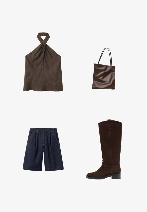 Haut marron texturé sans manches à col licou torsadé avec fermeture boutonnée à l'arrière du cou.; Short en jean bleu foncé longueur genou avec poches avant et passants de ceinture, avec des détails de couture jaune visibles.; Botte haute en daim marron foncé avec un petit talon empilé et un bout arrondi, équipée d'une lanière au sommet de la tige.; Sac cabas en cuir marron avec deux fines anses d'épaule et une texture légèrement froissée sur fond blanc.
