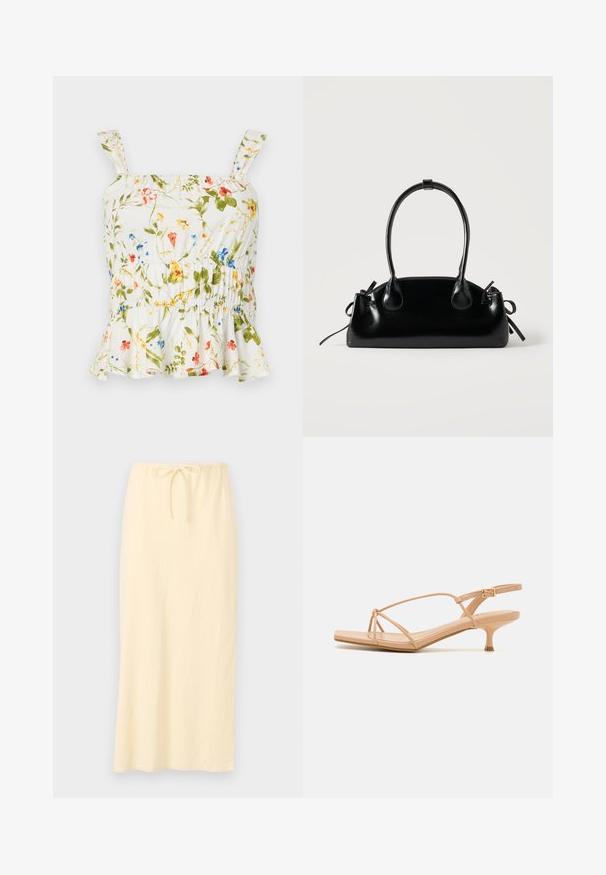 Top con estampado floral sobre fondo blanco. Cuenta con un dobladillo con volantes, tirantes ajustables y un cuerpo fruncido para un diseño ajustado.; Falda larga de color amarillo claro, fabricada con un material transpirable y una cinturilla elástica con cordón para un ajuste ajustable. Textura suave, sin patrones.; Sandalias de tacón desnudas con tiras finas y un detalle de nudo. Presentan una punta afilada y un tacón de aguja para un diseño elegante.; Pequeño bolso negro brillante con dos asas largas y detalles de cordón lateral sobre un fondo claro liso.