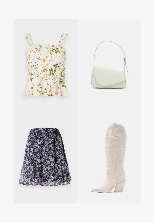 Blomstret top med hvid baggrund. Har en flæsekant, justerbare skulderstropper og smocket liv for en tætsiddende pasform.; Blomsterkjole med elastisk talje. Har en mørk navy baggrund med pink, hvide og grønne blomstermønstre. Let og svalende stof.; Hvide læder cowboystøvler med spidse tæer og blokhæle. Har intrikate syninger på skaftet og en glat tekstur.; Hvid taske i faux læder med en struktureret trekantet form, enkelt justerbart skulderstrop og en flaplås med kurver.