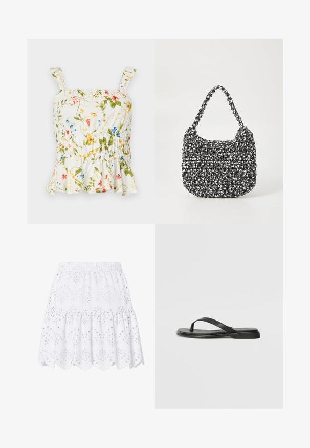 Top à imprimé floral sur fond blanc. Présente un ourlet volanté, des bretelles réglables et un corsage smocké pour un design ajusté.; Jupe courte blanche à volants avec taille élastique, broderie anglaise et ourlet festonné décoré de motifs floraux.; Tongs noires en cuir lisse, avec un design de sangle fine et une semelle plate à profil minimal. Aucun motif ou accent notables.; Sac en osier noir et blanc de forme arrondie, avec une surface texturée et une poignée tressée. Convient à un usage décontracté.