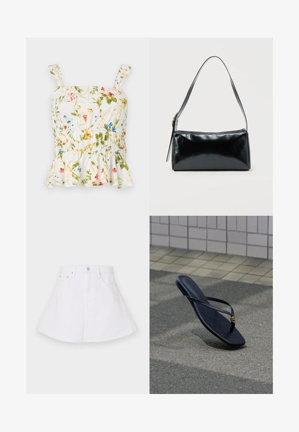 Top à imprimé floral sur fond blanc. Présente un ourlet volanté, des bretelles réglables et un corsage smocké pour un design ajusté.; Jupe en denim blanc au design évasé, avec une taille ajustée, cinq poches et une fermeture à bouton à l'avant. Texture lisse.; Tongs en cuir noir avec une boucle décorative dorée, reposant sur un pavement texturé près d’un mur carrelé en extérieur.; Sac d'épaule rectangulaire noir avec une sangle réglable unique et une fermeture éclair supérieure sur un fond uni.