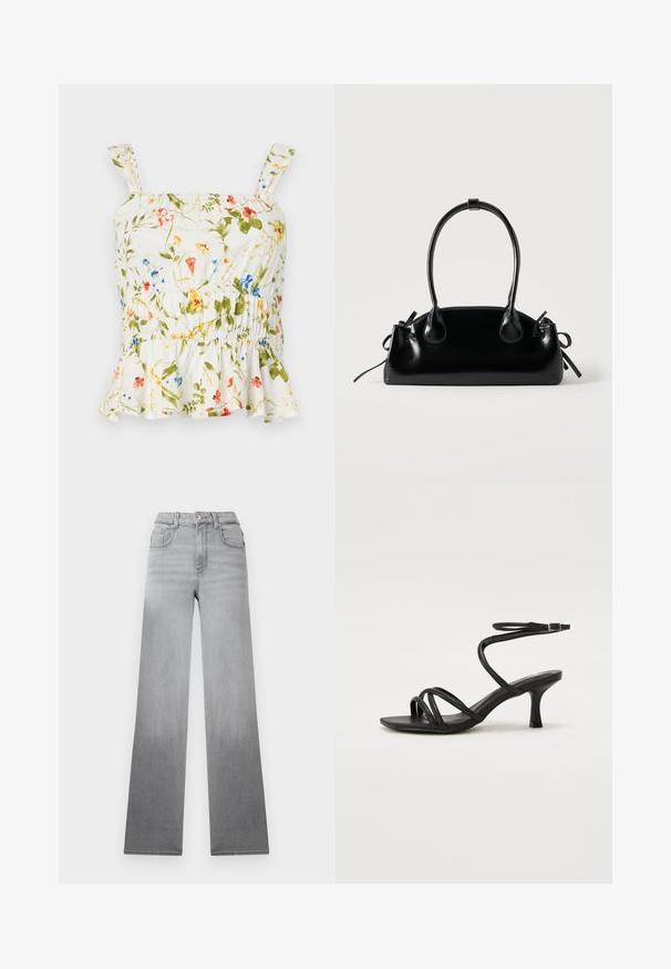 Top con estampado floral sobre fondo blanco. Cuenta con un dobladillo con volantes, tirantes ajustables y un cuerpo fruncido para un diseño ajustado.; Jeans grises con un efecto ombré descolorido, diseño de cintura alta, estilo clásico de cinco bolsillos y piernas rectas y anchas hechas de tela de mezclilla.; Even&Odd Wide Fit by Zalando Sandalias - black; Pequeño bolso negro brillante con dos asas largas y detalles de cordón lateral sobre un fondo claro liso.