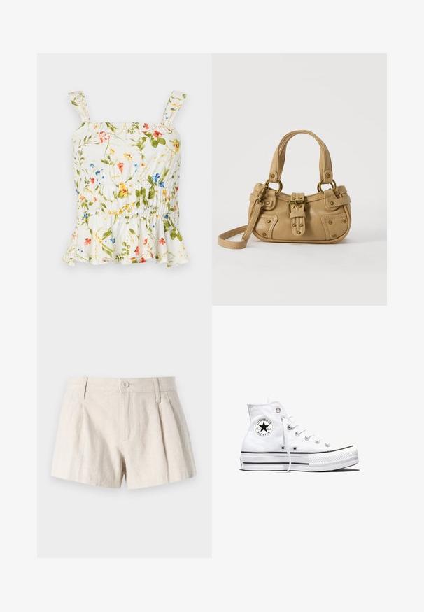 Top con estampado floral sobre fondo blanco. Cuenta con un dobladillo con volantes, tirantes ajustables y un cuerpo fruncido para un diseño ajustado.; Pantalones cortos de lino en un color beige claro, con un diseño plisado, cierre frontal de botón y un acabado suave y texturizado.; Zapatilla blanca de caña alta Converse Chuck Taylor All Star con parche de logo negro y cordones blancos, presentada sobre fondo blanco.; Bolso de cuero beige con doble asa, hebilla y remaches de latón, y una correa de hombro ajustable sobre un fondo blanco.
