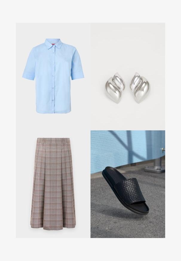 Chemise bleu clair à manches courtes avec col pointu et logo en relief subtil sur le côté gauche de la poitrine.; Jupe midi plissée en motif écossais marron et gris, fabriquée dans un tissu texturé. Elle possède une ceinture et tombe jusqu'au mollet.; Sandale noire à semelle plate avec une texture tissée sur le dessus, une semelle lisse, un design plat et un style minimaliste adapté à un usage décontracté.; Boucles d'oreilles en argent avec une forme organique et abstraite. Surface lisse et brillante avec un design effilé. Présente des courbes subtiles et un détail central en ligne.