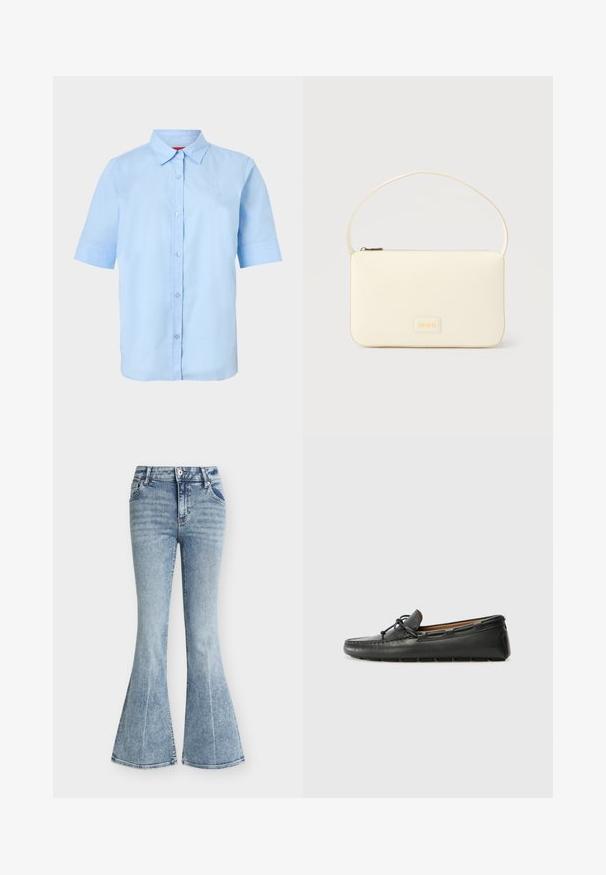 Chemise bleu clair à manches courtes avec col pointu et logo en relief subtil sur le côté gauche de la poitrine.; Jean en denim bleu clair taille haute avec un lavage délavé, poches avant, fermeture par bouton et zip, et jambes évasées style pattes d'éléphant.; Bateau en cuir noir avec un bout arrondi, des détails de couture, un petit accent en nœud et une semelle en caoutchouc. Texture lisse et design épuré.; Sac à main rectangulaire de couleur crème avec une seule sangle et une fermeture éclair sur le dessus, comportant une petite plaque de logo embossé à l'avant.