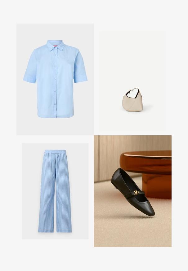 Chemise bleu clair à manches courtes avec col pointu et logo en relief subtil sur le côté gauche de la poitrine.; Pantalon bleu clair à jambes larges avec fines rayures verticales bleu foncé et une taille élastique.; Chaussure plate en cuir noir avec bout pointu et logo CK doré sur la bride, posée sur un tapis beige près d'une table ronde couleur ambre brun.; Sac à main en cuir beige en forme de croissant avec une seule bandoulière et des coutures minimalistes, posé sur un fond blanc uni.
