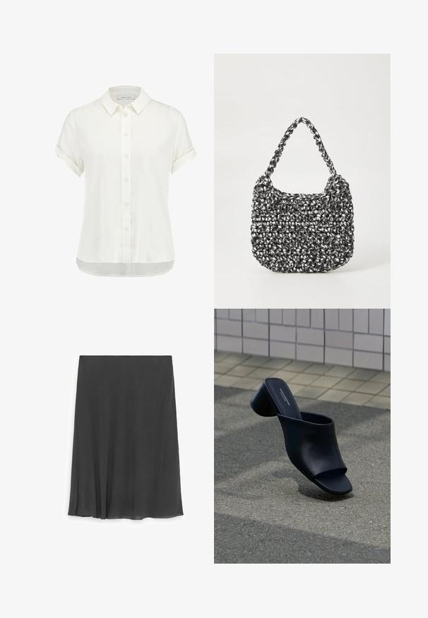 Blouse blanche à manches courtes en tissu léger, avec un devant à boutons, un col et des poignets retroussés, ainsi qu'un ourlet légèrement arrondi.; Jupe noire longueur genou en ligne A avec un ourlet subtilement festonné et une taille simple, présentée sur fond blanc.; Mule en cuir noir à bout ouvert avec talon bloc, positionnée sur l'asphalte près d'une surface carrelée en arrière-plan.; Sac en osier noir et blanc de forme arrondie, avec une surface texturée et une poignée tressée. Convient à un usage décontracté.