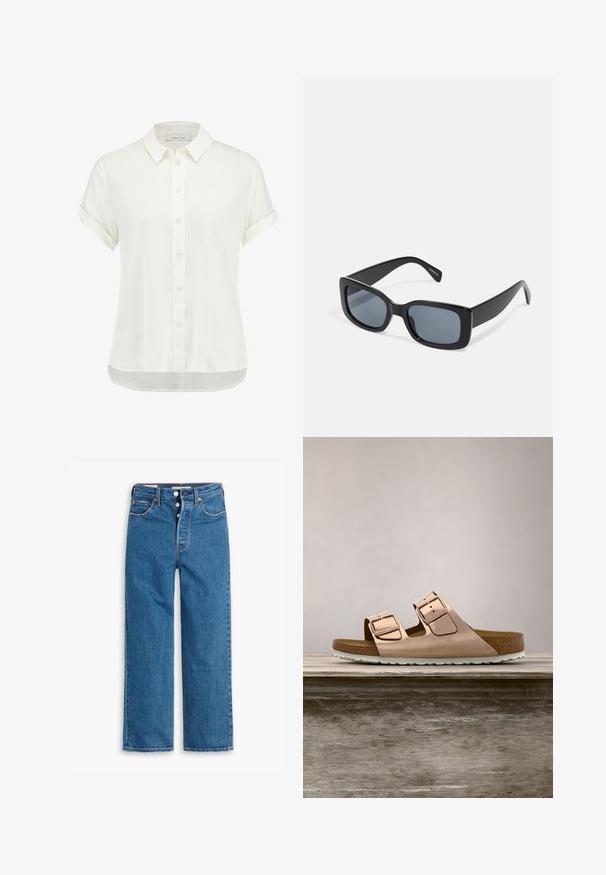 Hvid kortærmet bluse lavet af letvægtsstof, har knaplukning foran, krave og opretstående manchetter med en let buet kant.; Blå denim lige ben jeans med høj talje, fem lomme design og knaplukning. Markante syninger og kobberfarvede nitter.; Rosenfarvede slidesandaler i metal med to justerbare metalspænder, korkfodbed og hvid gummisål. Glat metalfinish, åben tå-design.; Sorte rektangulære solbriller med mørkt tonede linser, tyk plastramme og brede stænger. Glat overflade og kantet design.