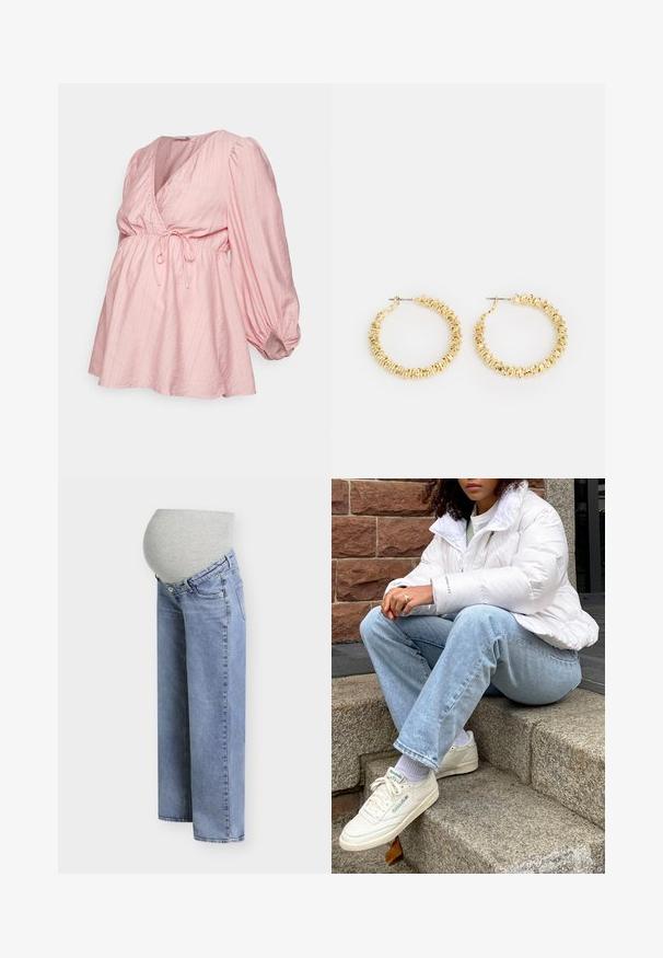 MAMALICIOUS MLKELLY TESS - Tunika - misty rose; Svetlomodré tehotenské rifle s pružnou sivou látkovou časťou, ktorá zakrýva brucho pre pohodlie a podporu.; Biely nafukovací kabát s vysokým golierom, svetlo modré džínsy a biele tenisky Reebok. V pozadí sú štruktúrované kamenné schody.; Zlaté kruhové náušnice s textúrovaným povrchom a malými zaoblenými akcentmi. Kruhový dizajn a uzáver na posuvný mechanizmus.