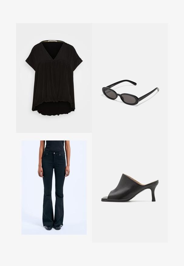 Esprit Tunikaer - black; Sorte flagrende jeans med høj talje, for- og baglommer samt en glat stofstruktur. Har en frontlukning med knap og lynlås.; Selected ASHLEY - Mules med hæl - black; Even&Odd by Zalando Solbriller - black