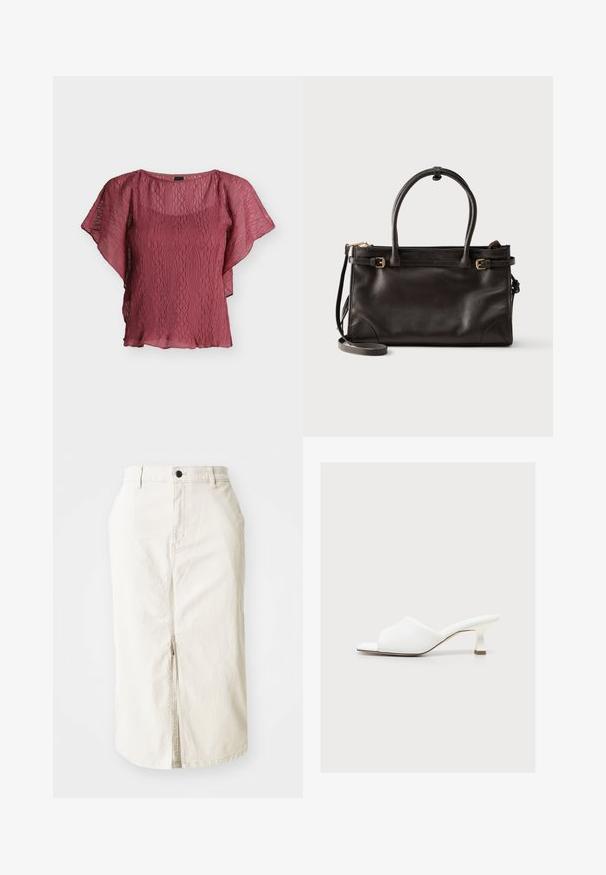 Raspberry pink tynd bluse med tekstureret diamantmønster, korte flagrende ærmer og rund halsudskæring.; Beige bomulds midi skirt med frontslids, øverste knaplukning og uden synlige lommer. Flad talje og glat tekstur.; Hvid åben mulesko med lav buet hæl og en polstret bred rem over foden mod en ensfarvet baggrund.; Mørkebrun læderhåndtaske med to top-hanke, justerbare sidelommer med gyldne spænder og en aftagelig skulderrem.