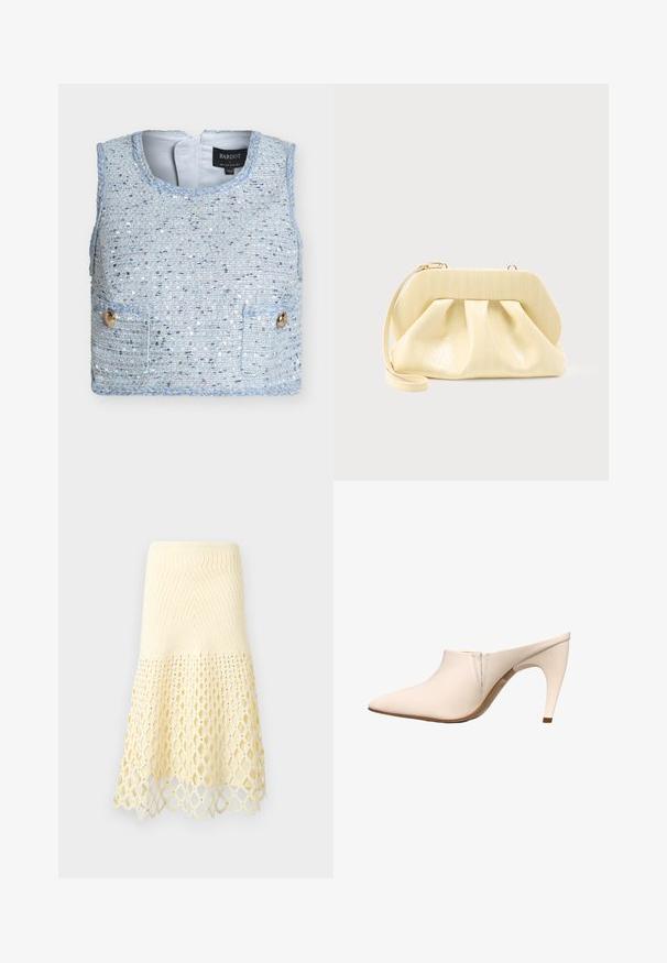 Chaleco sin mangas de tweed azul claro con hilos metálicos, ribete trenzado, dos bolsillos delanteros con botones y etiqueta de la marca Bardot en el interior del cuello.; Falda de punto color crema con sección superior ajustada y patrón de tejido abierto en forma de diamante en la parte inferior acampanada, dobladillo con borde festoneado.; Mula beige con puntera puntiaguda, tacón curvado de altura media y detalles mínimos de costura cerca de la abertura sobre un fondo blanco.; Bolso clutch de cuero color crema con un marco superior estructurado y correa de muñeca, mostrado sobre un fondo claro y liso.