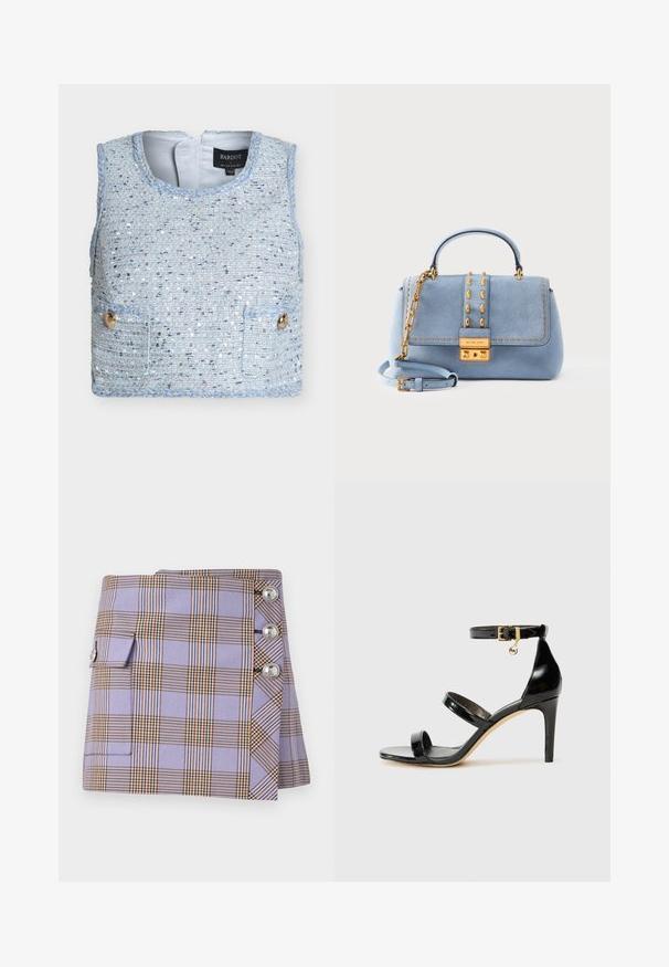 Varrukateta helehalli tweedvest metallniitidega, paelkirjaga äärmise, kahe esiküljel nööbitava taskuga ja Bardot kaubamärgiga sildiga krae sees.; Rabanne Miniseelik - purple/orange/cream/blue; Must musta nahk sandaal kolme rihmaga, pahkluu vööga ja 4-tollise stilettakontsaga. Omab kuldset detaili ja logovõtit.; Hele sinine seemisnahast käekott kuldsete naeltega, kee detaljiga, ülemise käepidemega, reguleeritava rihma ja kuldse lukuga esiklapil.