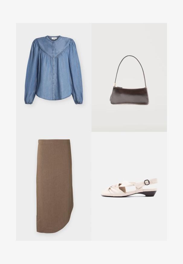Blouse en denim bleu clair avec manches longues bouffantes, col rond, empiècement froncé et fermeture boutonnée à l'avant.; Jupe crayon marron longueur genou avec un ourlet asymétrique et une taille ajustée, affichée sur fond blanc.; Sandale beige à talon bas pour femme avec bride frontale nouée, bride arrière à la cheville, et boucle noire sur fond blanc.; Petit sac à main rectangulaire en cuir marron foncé avec une bandoulière unique et une fermeture éclair dorée.
