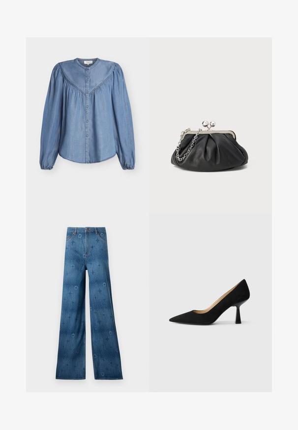 Lichtblauwe spijkerblouse met lange pofmouwen, ronde hals, geplooide inzet en knoopsluiting aan de voorkant.; Wijd uitlopende denim jeans in donkerblauw, met een subtiel patroon over de hele stof en een klassieke vijf-pocketontwerp. De stiksels contrasteren met de stof.; Zwarte suède high-heeled pump met een spitse neus, voorzien van een glanzende zwarte blokhak en een gladde binnenvoering.; Zwarte leren clutch met geplooide textuur, zilverkleurig metalen frame, drukknopsluiting en kettingriem. Glad, zacht oppervlak.