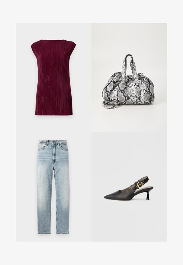 Bordeaux ærmeløs top med lodret plissering, rund halsudskæring og A-formet silhuet, fremstillet af et glat og blødt stof.; Lysblå denimjeans med lige ben, med knap- og lynlåslukning, fem-lomme design og subtil falming.; Sort slingback højhælt sko med spids tå, glat læderstruktur og en guldfarvet spændeaccent på remmen.; Håndtaske med sort og hvid slidmønster, to håndtag, snøre lukning og aftagelig skulderrem. Glat tekstur.