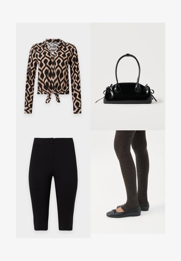 Blouse à manches longues boutonnée avec col, motif géométrique abstrait noir et beige, et détail noué à l'avant à la taille.; Leggings courts noirs, taille haute, ajustés, avec une taille lisse, fabriqués en tissu extensible, présentés sur un fond blanc.; Jambes portant des leggings côtelés foncés associés à des ballerines noires avec de petits détails en nœud sur fond blanc.; Petit sac à main noir brillant avec deux longues anses et des détails à cordon sur les côtés sur un fond clair uni.