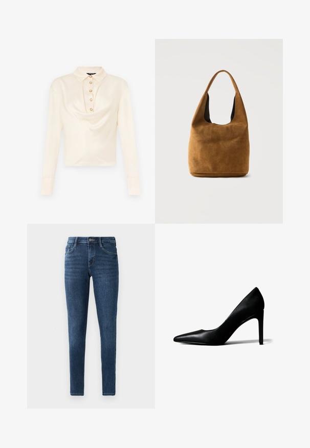 Lange mouw, lichtcrème blouse met een kraaghals, voorzien van een voorpèn met zes ronde, goudkleurige knopen en een gedrapeerd stofontwerp.; Donkerblauwe denim skinny jeans met een klassieke vijf-pocket ontwerp, voorzijde knoopsluiting en subtiele stiksel details. Glad textuur overal.; Zwarte leren pumps met een spits toelopende neus en een smalle naaldhak op een witte achtergrond.; Bruine suède hobo-tas met een brede band en zachte, nonchalante structuur, afgebeeld tegen een eenvoudige lichte achtergrond.