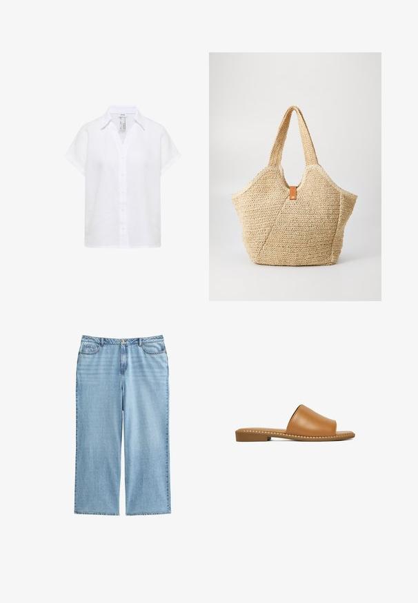 Wit linnen overhemd met korte mouwen, kraag, knopen aan de voorkant en een losse pasvorm.; Lichtblauwe denim culottes met een hoge taille, brede benen en een vijf-pocket ontwerp met contrasterende stiksels en een knoopsluiting.; Bruine leren slip-on sandaal met lage hak en gestikte zool, shown van opzij op een witte achtergrond.; Grote stro tote bag met een getextureerde, beige buitenkant en twee brede handvatten. Beschikt over een leren accentriem voor sluiting.
