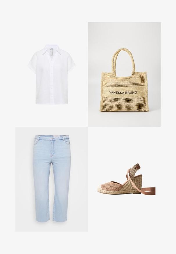 Hvid kortærmet hørskjorte med krave, knapper foran og en afslappet pasform.; Lyseblå, cropped denim jeans med høj talje, frynsede kanter og et klassisk fem-lomme design. Lavet af blødt, strækbart materiale.; Kileespadrille med vævet beige og pink stofoverdel, flettet jutesål og pink ankelbånd på hvid baggrund.; Beige vævet tote bag med to håndtag og "VANESSA BRUNO" trykt i sort på et solidt vævet panel i midten.