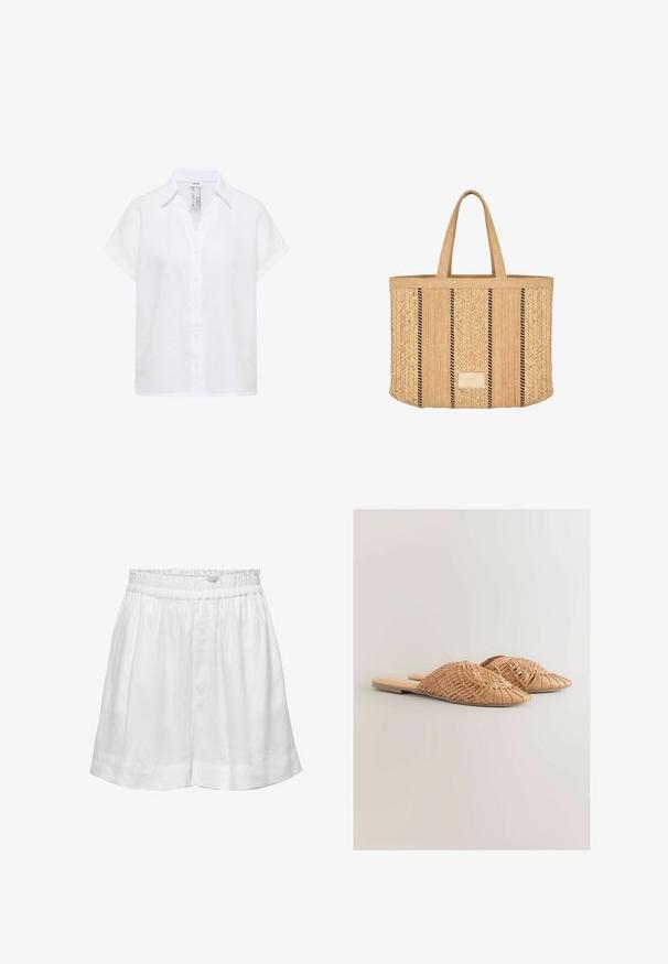 Camisa blanca de lino con manga corta, cuello, botones frontales y un corte holgado.; Pantalones cortos de lino blanco con cintura elástica y corte relajado. Presentan una textura suave y dobladillos con puños para un detalle adicional.; Sandalias deslizantes de cuero trenzado en color marrón claro, con un diseño de parte superior trenzada de gran tamaño y una suela plana. La punta afilada aporta un aspecto elegante.; Bolso tote tejido en beige con dos asas y un detalle de rayas negras verticales, con una pequeña etiqueta rectangular en el centro frontal.