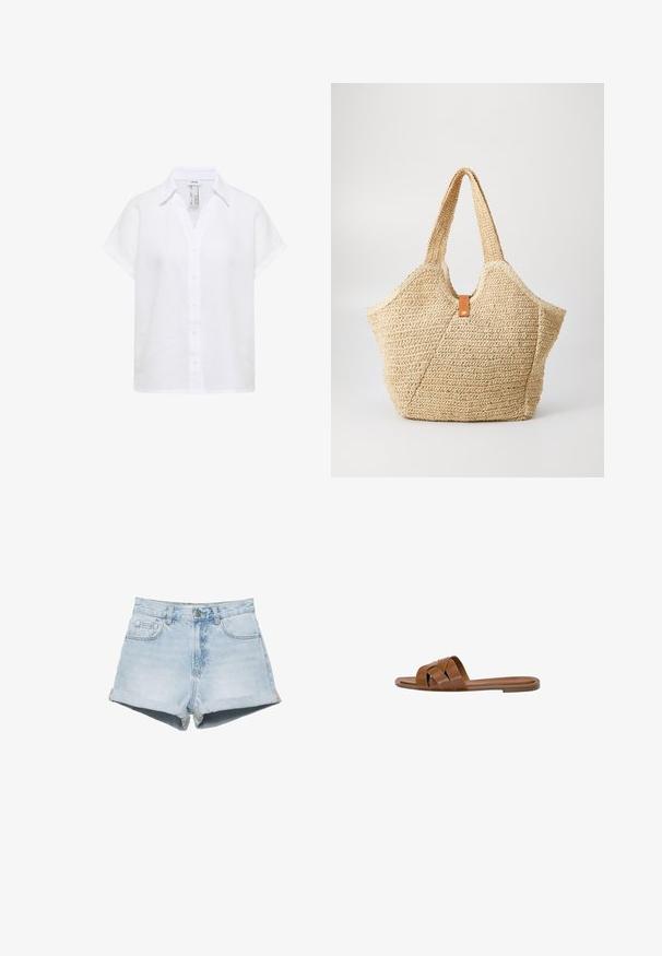 Chemise blanche en lin à manches courtes avec col, boutons sur le devant et coupe décontractée.; Shorts en denim bleu clair avec ourlets retroussés, fermeture à boutons sur le devant, passants pour ceinture et poches avant sur fond blanc.; Sandale en cuir marron avec des brides croisées, semelle plate et texture lisse. Design simple sans embellissements ni motifs.; Grand sac fourre-tout en paille avec un extérieur texturé beige et deux grandes poignées. Présente une sangle en cuir pour la fermeture.