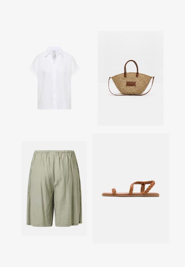 Chemise blanche en lin à manches courtes avec col, boutons sur le devant et coupe décontractée.; Shorts vert clair à coupe ample avec une taille élastique et une texture subtile froissée.; Anna Field by Zalando Sandales - cognac; Sac à main en paille tissée avec des anses et des garnitures en cuir marron, doté d'une base ronde et d'une bandoulière amovible.