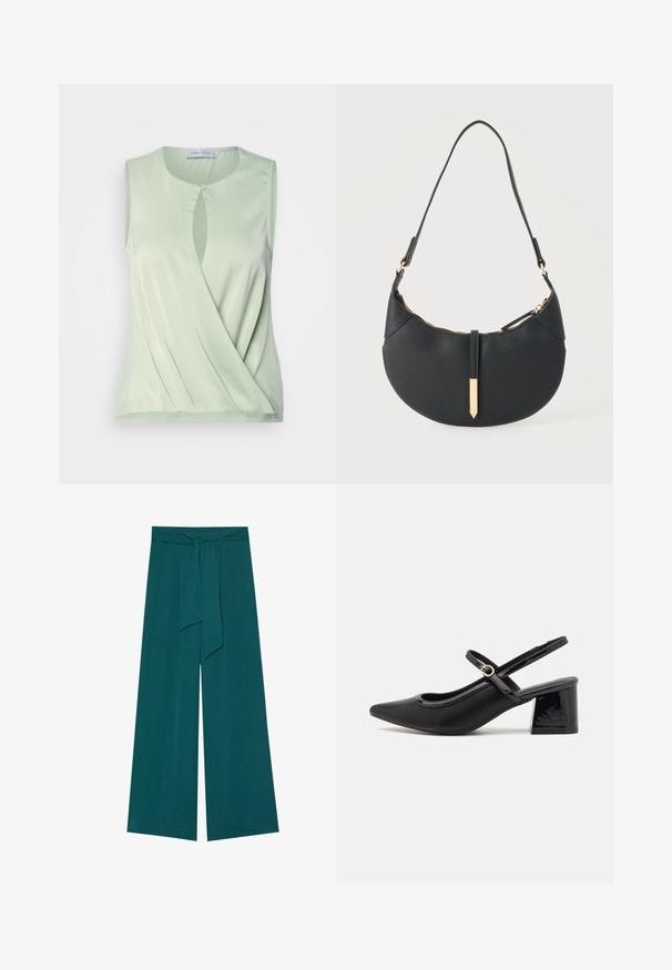 Sleeveless light green top with a keyhole detail at the front, soft texture, and draped design. Made from smooth, stretchable fabric.; Wide-leg trousers in a deep teal color with a textured finish, featuring a tied waistband for adjustable fit and a flowy silhouette.; Black patent leather slingback heels with a pointed toe, a rounded cutout design, and a block heel. Features a gold-tone buckle accent.; Black crescent-shaped handbag with a single strap, gold zipper, and a gold rectangular decorative tab on the front.