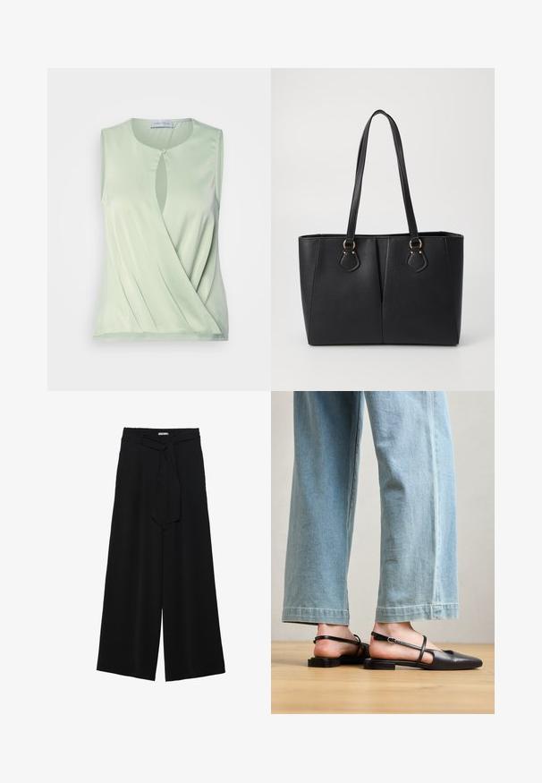Débardeur sans manches vert clair avec un détail en trou de serrure à l'avant, texture douce et design drapé. Fabriqué en tissu lisse et extensible.; Pantalons larges noirs en tissu texturé, avec une taille élastique et une ceinture à nouer amovible à la taille pour un ajustement variable.; Chaussures slingback en cuir noir avec un bout pointu, un talon plat et une bride à la cheville ; portées avec un jean large bleu clair.; Sac fourre-tout noir en simili cuir avec une finition texturée, deux longues poignées et des accents en métal doré sur le côté. Shape rectangulaire.