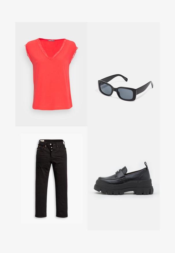 ONLY ONLJASMINA V NECK - Bluse - poppy red; Sorte lige jeans med knaplukning, front- og baglommer samt kobbernitte detaljer på en hvid baggrund.; Sort læderloafer med tyk rillede sål, mok tå syning, remdetalje over toppen og trækstrop på hælen, vist i sideprofil.; Sorte rektangulære solbriller med mørkt tonede linser, tyk plastramme og brede stænger. Glat overflade og kantet design.