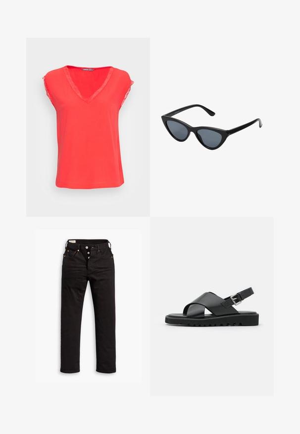 ONLY ONLJASMINA V NECK - Bluse - poppy red; Sorte lige jeans med knaplukning, front- og baglommer samt kobbernitte detaljer på en hvid baggrund.; Sorte lædersandaler med et korsremdesign, justerbar spænde og en tekstureret sål med riller for bedre greb.; Sorte katteøje solbriller med mørkegrå linser, slankt plastisk stel, spidse hjørner og lige stænger. Ingen synlig hardware eller dekorationer.