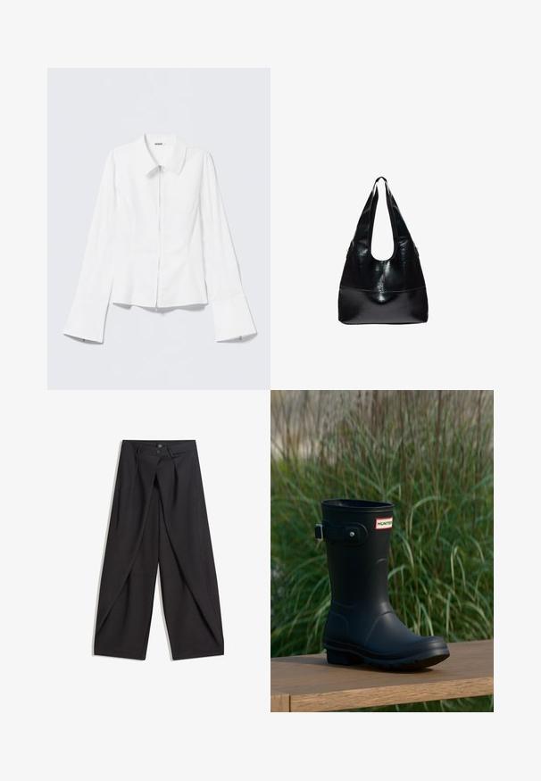 Chemise blanche à manches longues avec un col à revers et une fermeture éclair sur le devant. Elle présente des poignets évasés et une texture lisse en mélange de coton.; Pantalon noir à jambes larges avec plis avant, deux boutons à la taille et poches latérales inclinées, présenté à plat sur fond blanc.; Botte de pluie en caoutchouc noir avec une finition brillante, dotée d'une boucle argentée et d'un écusson de logo. La semelle est texturée pour une meilleure adhérence.; Sac à épaule en cuir noir brillant avec une anse large et arrondie et une structure souple et détendue.