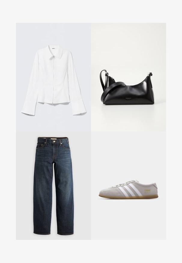 Camisa blanca de manga larga con cuello con solapa y cremallera frontal. Presenta puños acampanados y una textura suave de mezcla de algodón.; Jeans oscuros de denim, con un diseño de pierna recta, estilo de cinco bolsillos, y acentos de costura superior con cierre de botón.; Zapatilla de ante gris con rayas de cuero blanco y detalle del logo en dorado. Suela plana de goma, punta redondeada y diseño clásico de cierre con cordones.; Bolso de mano de cuero negro con una textura suave. Cuenta con una correa ajustable y un diseño elegante y minimalista con cierre de cremallera.