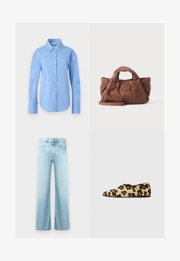 Blauw-wit verticale gestreepte blouse met lange mouwen, knoopsluiting, puntige kraag en brede manchetten.; Lichtblauwe spijkerbroek met een hoge taille, knoopsluiting, voorzakken en brede rechte pijpen.; Luipaardprint platte schoenen van zacht bont, met een puntige neus en een lage profiel. Natuurlijke tinten met zwarte accenten.; Zachte bruine leren handtas met korte handgrepen, een vooraan gestikt logo en een afneembare lange band op een effen lichte achtergrond.