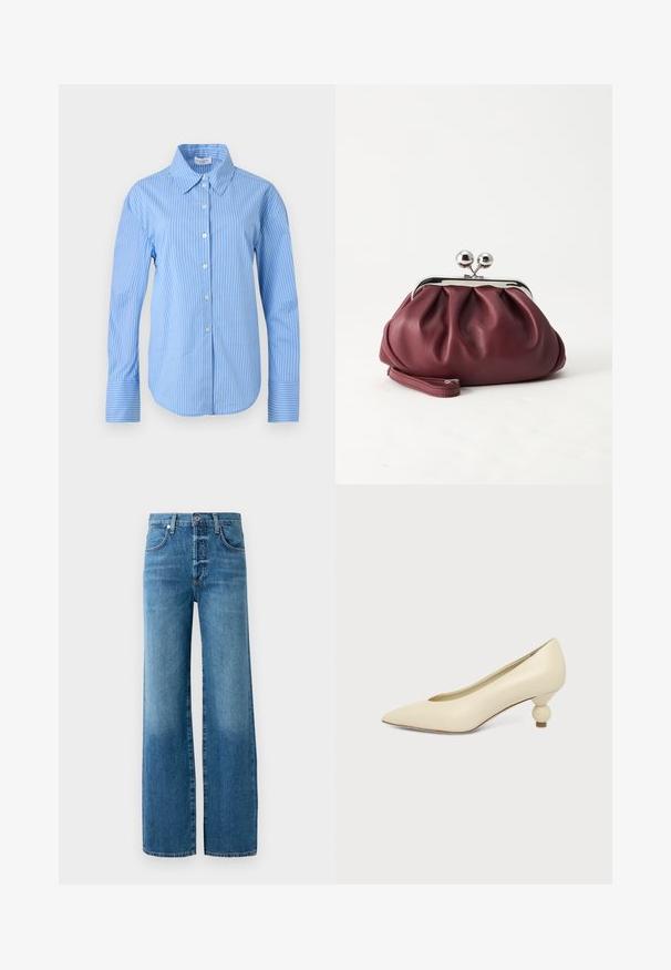 Blau-weiß gestreiftes, langärmeliges Hemd mit Knopfleiste, spitzem Kragen und breiten Manschetten.; Weite Jeans aus hellblauem Denim. Verfügt über einen Knopfverschluss, Gürtelschlaufen und kontrastierende Nähte. Der Stoff hat einen leicht verwaschenen Effekt.; Damenpumps in cremefarben mit spitz zulaufender Schuhspitze und niedrigem, kugelförmigem Absatz vor einfarbigem Hintergrund.; Kleine burgunderrote Lederclutch mit silbernem Metallverschluss und Handgelenksriemen auf weißem Hintergrund.