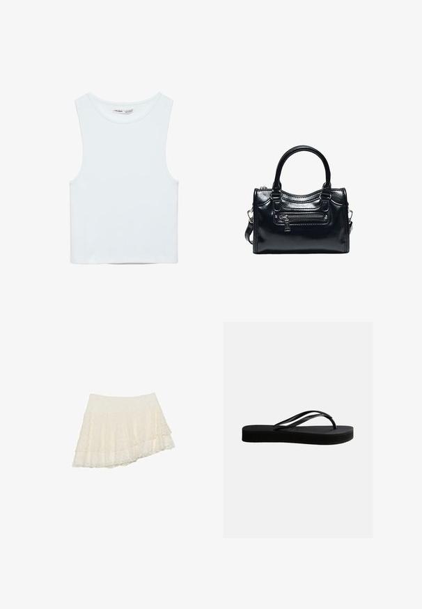 Biely bezrukávový crop top s okrúhlym výstrihom, vyrobený z hladkej látky, označený Pull&Bear, vhodný na bežné nosenie.; Krémová mini sukňa z čipky s vrstvenými volánmi a asymetrickým lemom.; Čierna gumená žabky s textúrovanou podrážkou a Y-tvarovaným remienkom, zobrazené z boku na svetlom jednoduchom pozadí.; Čierna lesklá kožená kabelka s dvoma rukoväťami, predným vreckom so zipsom a odnímateľným ramenným popruhom na bielom pozadí.