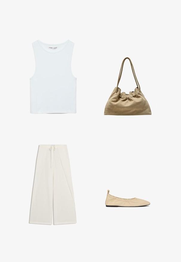 Witte mouwloze crop top met ronde hals, gemaakt van gladde stof, met Pull&Bear-label, geschikt voor casual wear.; Witte broek met wijde pijpen, asymmetrische voorkant en een koord in de taille.; Beige leren ballerina's met een gerimpelde elastische opening, puntige neus en platte zool. Zachte textuur met een minimalistisch ontwerp.; Zachte beige suède schoudertas met lange dubbele bandjes en een geplooid bovenwerk zonder zichtbare sluitingen.