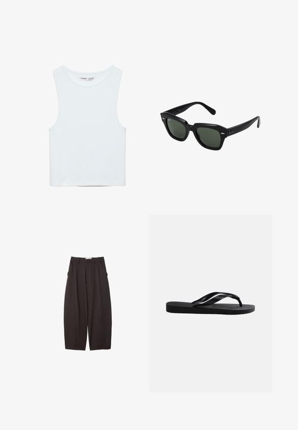 Crop top blanc sans manches avec col rond, en tissu lisse, étiqueté Pull&Bear, adapté pour un usage décontracté.; Pantalons larges noirs en tissu lisse, avec une taille haute, des plis avant et des poches latérales. Design simple sans embellissements.; Tongs en caoutchouc noir avec semelle texturée et bride en Y lisse sur un fond clair uni.; Lunettes de soleil carrées noires avec des verres vert foncé, présentant des montures audacieuses et des accents argentés sur les côtés. Fabriquées en Italie.