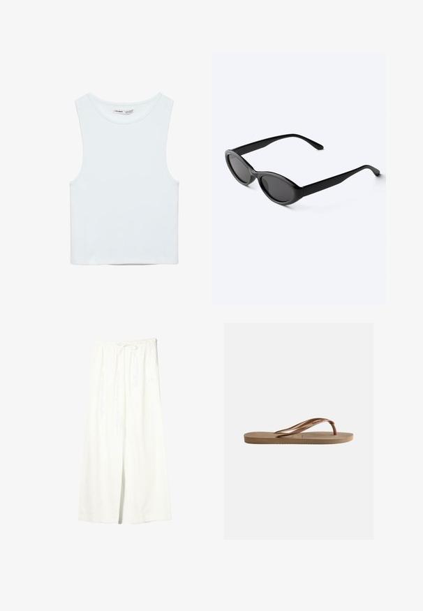 Witte mouwloze crop top met ronde hals, gemaakt van gladde stof, met Pull&Bear-label, geschikt voor casual wear.; Witte linnen broek met brede pijpen, elastische tailleband en trekkoord, voorzien van zijzakken en een voorste split.; Bruine rubberen teenslipper met gestructureerde zool en merkgebonden V-vormige bandjes op een effen lichte achtergrond.; Strakke zwarte ovale zonnebril met donkere glazen en rechte pootjes, rustend op een wit oppervlak.