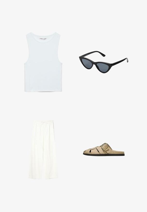 Crop top blanc sans manches avec col rond, en tissu lisse, étiqueté Pull&Bear, adapté pour un usage décontracté.; Pantalon blanc à jambes larges avec taille élastique et cordon de serrage, en tissu léger.; Sandale beige en daim à enfiler avec un design tissé ouvert, une grande boucle dorée sur le côté et une semelle plate noire.; Lunettes de soleil noires en forme d'œil de chat avec des verres gris foncé, monture en plastique élégante, coins pointus et branches droites. Pas de métal visible ni d'accents.