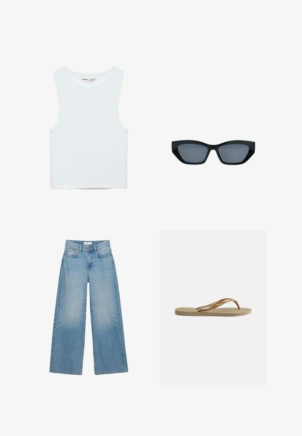 Weißes ärmelloses Crop-Top mit rundem Ausschnitt, aus glattem Stoff, mit dem Label Pull&Bear, geeignet für den Alltag.; Hellblaue Jeans mit weitem Bein, vorderen Taschen, Gürtelschlaufen, Knopfverschluss und sichtbaren Nähten.; Beige Flip-Flop-Sandale mit profilierter Sohle und bronzefarbenen, metallischen Y-förmigen Riemen vor schlichtem weißem Hintergrund.; Schwarze Katzenaugen-Sonnenbrille mit dicken Rahmen und dunkel getönten Gläsern, vor weißem Hintergrund gezeigt.